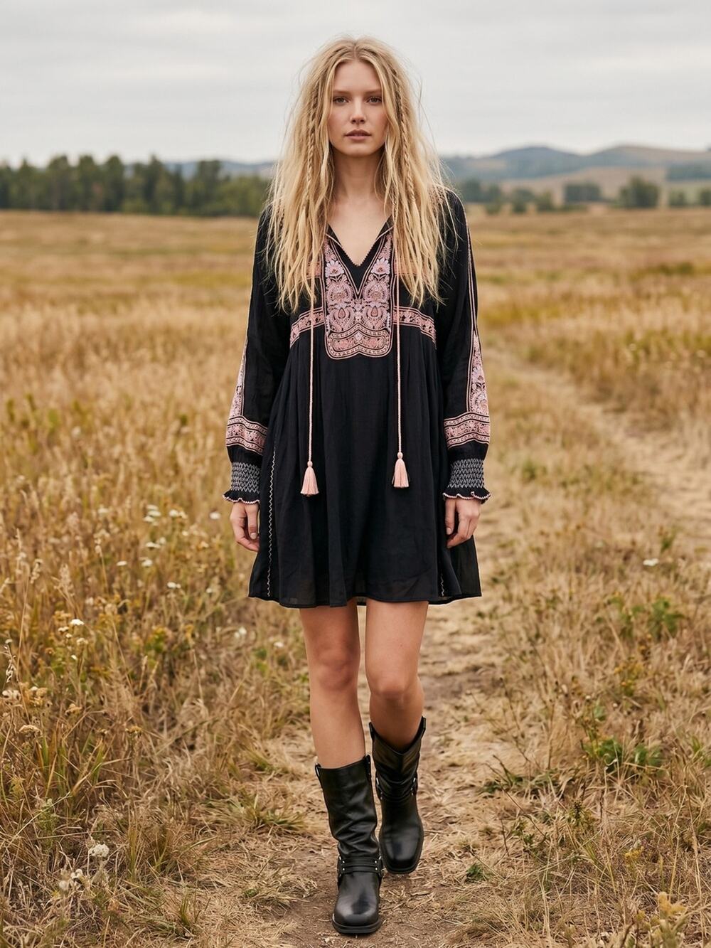 Free People Wind Willow Mini Dress in Black Noir Size XS Oversized Embroidered
